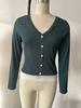 2025 European & American Fashion V-neck Button Ribbed Lace Patchwork Long Sleeve Two-piece Top