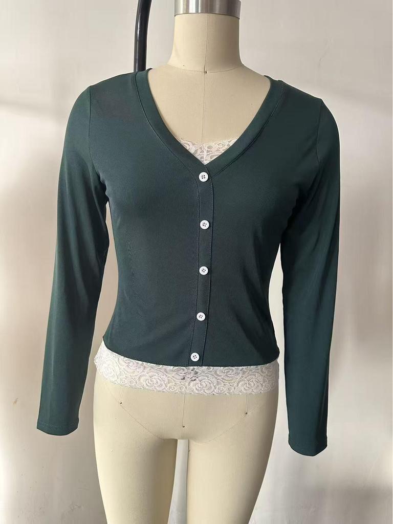 2025 European & American Fashion V-neck Button Ribbed Lace Patchwork Long Sleeve Two-piece Top