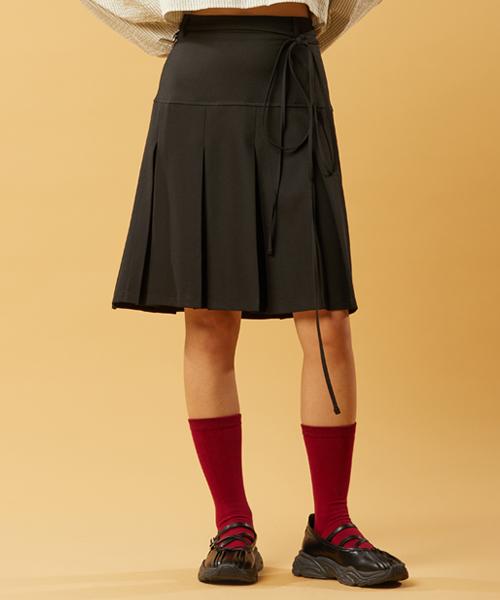 Collet Ribbon Keyring Midi Pleated Long Skirt [Black]