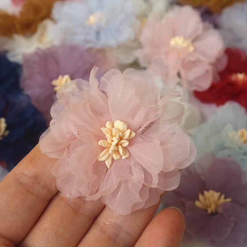 10Pcs 5CM Wrinkle Chiffon Fabric Cored Flowers For DIY Hair Accessories Hats Headband Wedding Dress Decoration