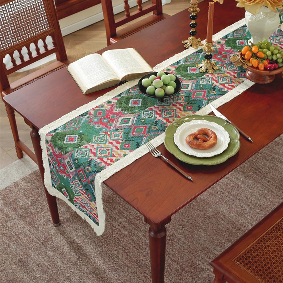 Europäischer Retro Garngefärbter Jacquard Quasten Tischläufer, Baumwoll-Leinen Tischläufer für Party Hochzeit Feste Weihnachten Dekoration