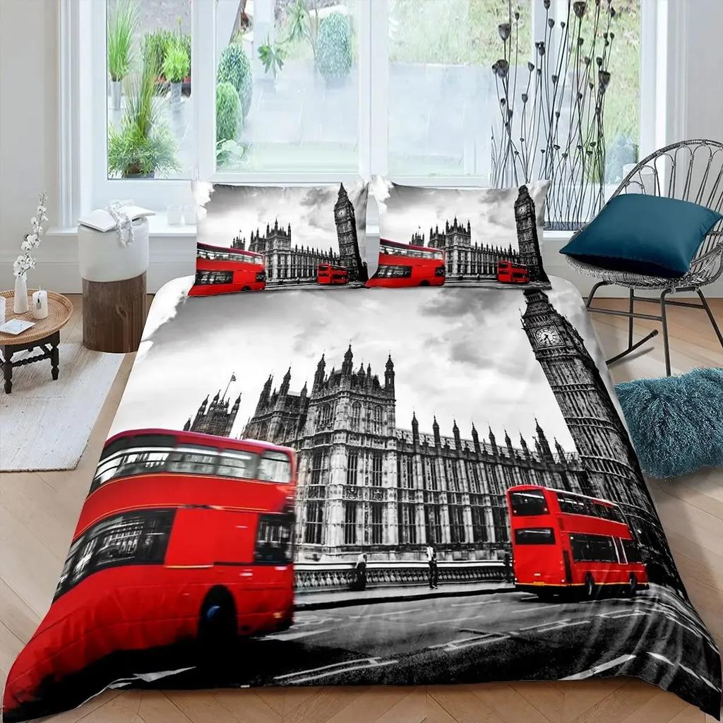 Big Ben Comforter Cover Boys Famous Telephone Booth Bedding Set for Teens Retro London Cityscape Duvet Cover Set with Pillowcase