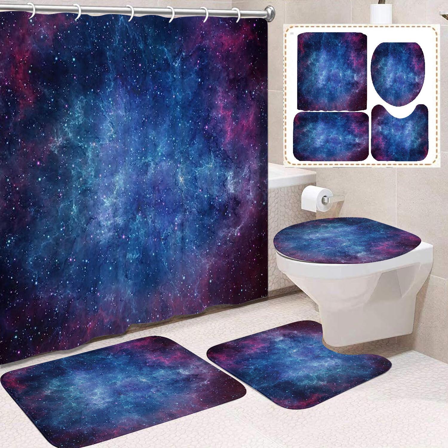 

Набор из 4 шт. Шторка для душа «Галактическая звездная ночь» с принтом Северного сияния Авроры, Водонепроницаемая шторка для ванной, 12 крючков, Нескользящие коврики, Накладка на крышку унитаза, Декоративный набор 4Pcs Set