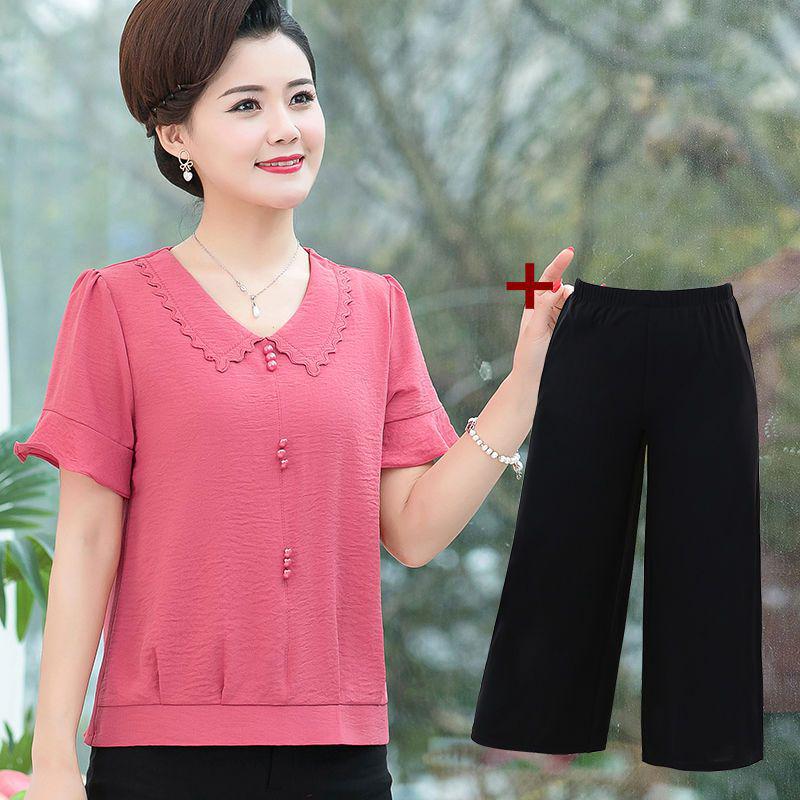 Chiffon Two-Piece Summer Set for Middle-Aged Women - Short Sleeve Top for Mothers