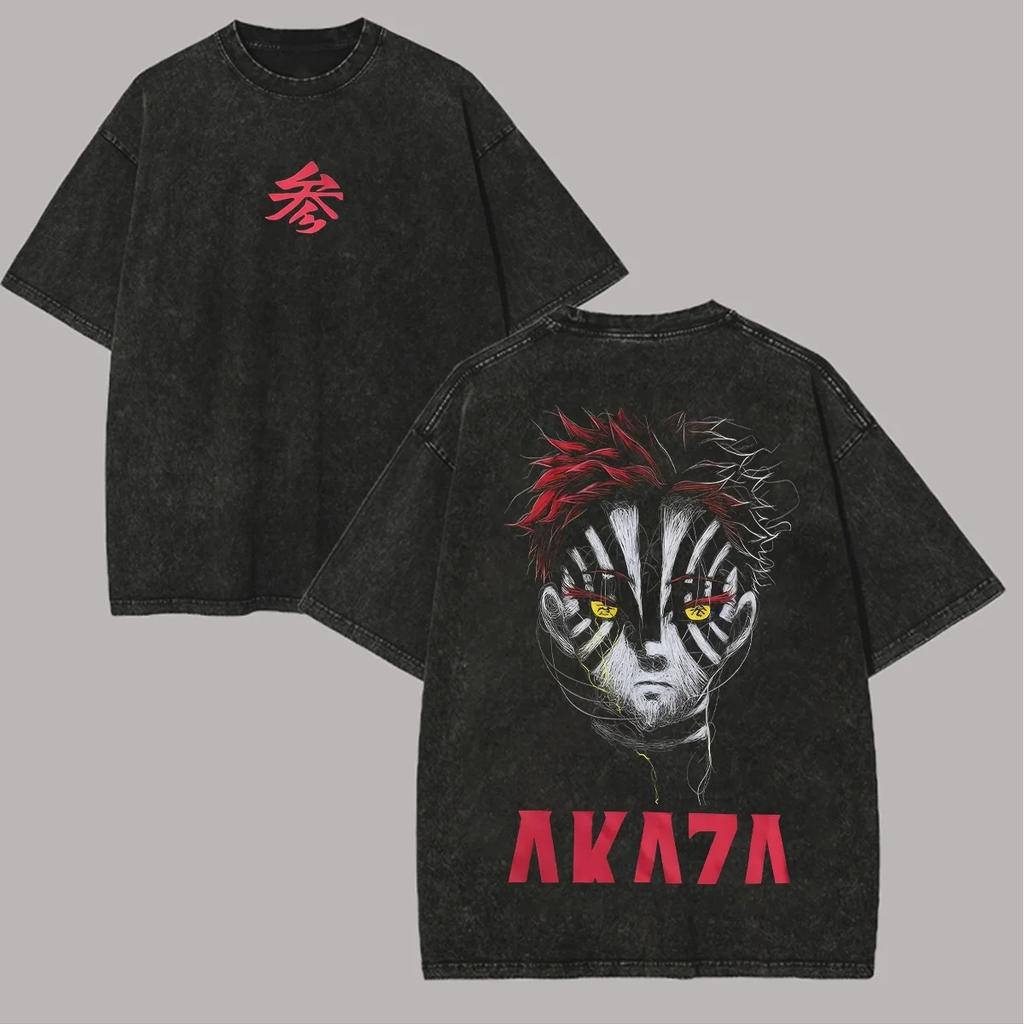Manga Demon Slayer T-Shirt Akaza Koyuki Grafik, verwaschenes Oversized-T-Shirt, Kurzarm, weiche Baumwolle, Herrenbekleidung 