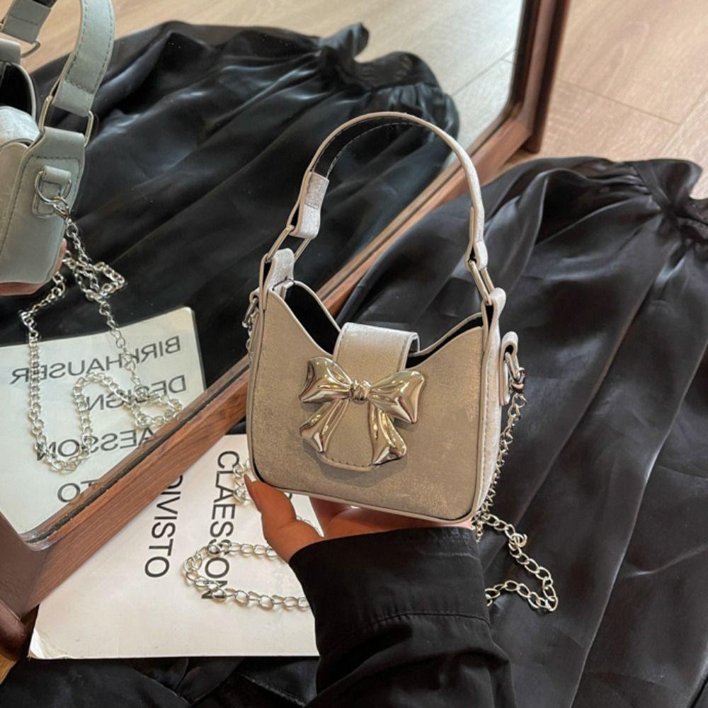 Pu Leather Bow Buckle PU Bag Mini Women's Shoulder Bag Simple Silver Bucket Bag  Makeup Bag