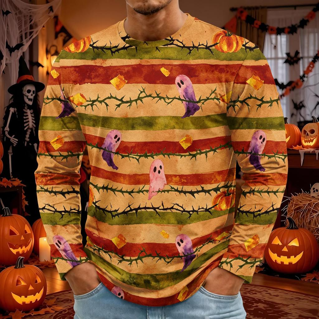 Men's Halloween Print Long Sleeve Neck T-Shirt for Party and Casual Wear