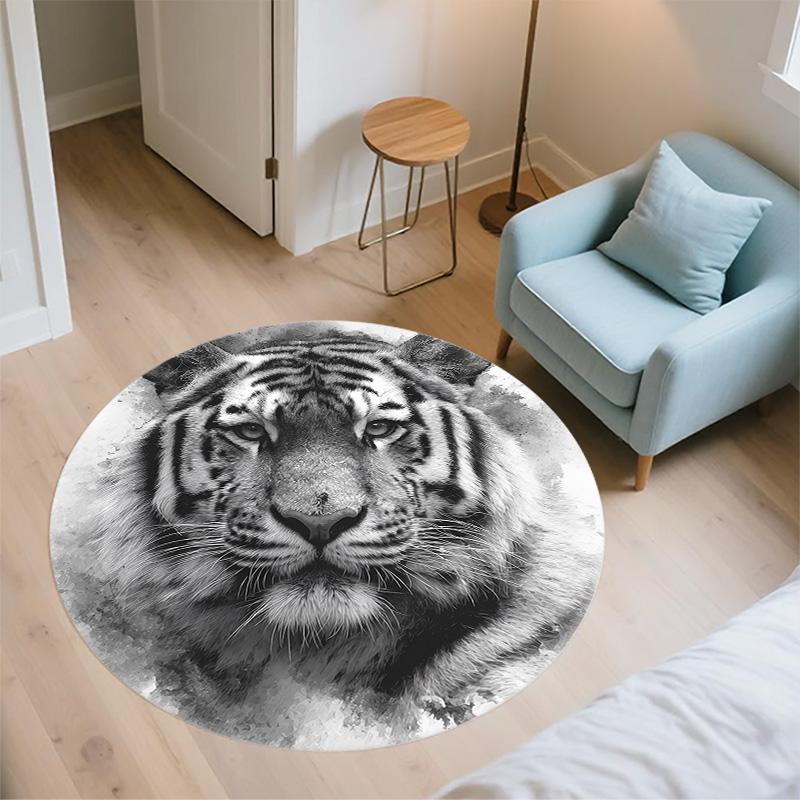 Black and White Tiger Round Area Rug,Carpet Rug for Living Room Bedroom Sofa Playroom Decor,Non-slip Floor Mat