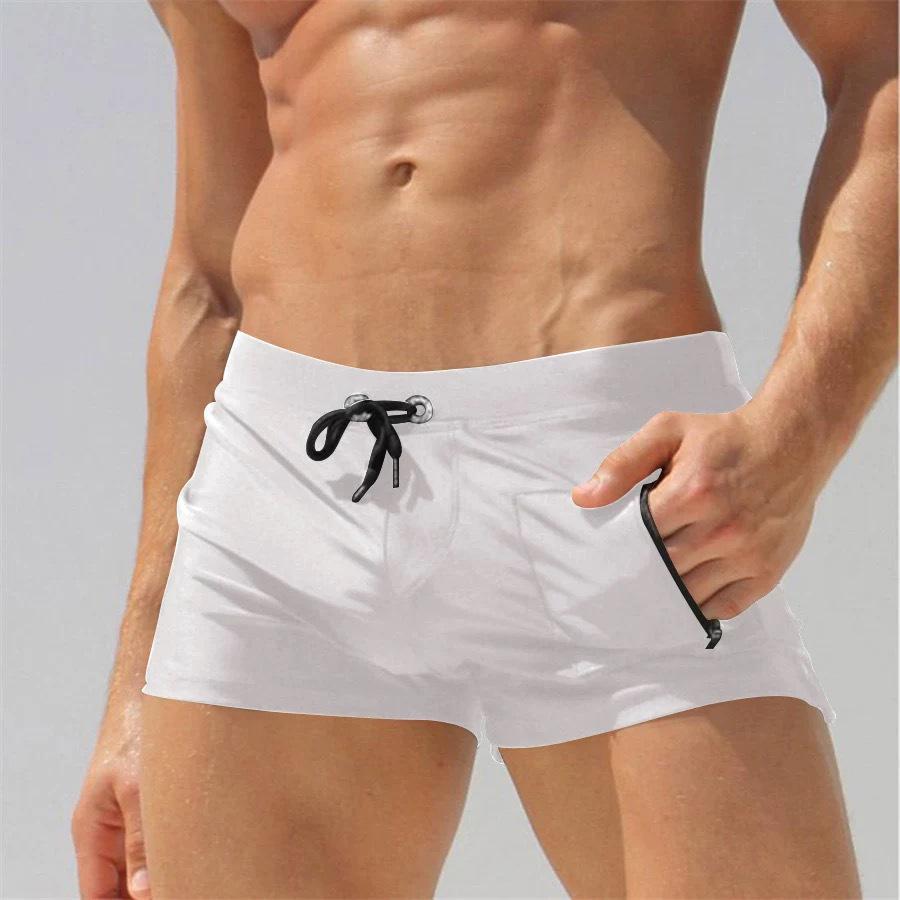 Hot-Selling New Style Men's Quick-Drying Square Leg Swim Trunks with Side Pocket