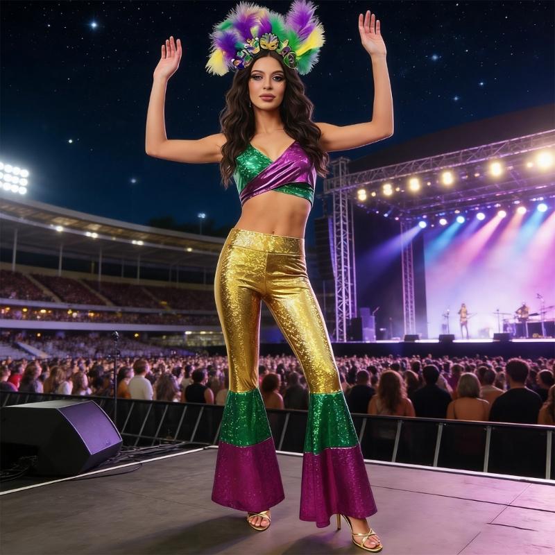 Disco Party Costume Set With Fashion Polyester Halloween Dance Costume And Matching Headpiece For Women