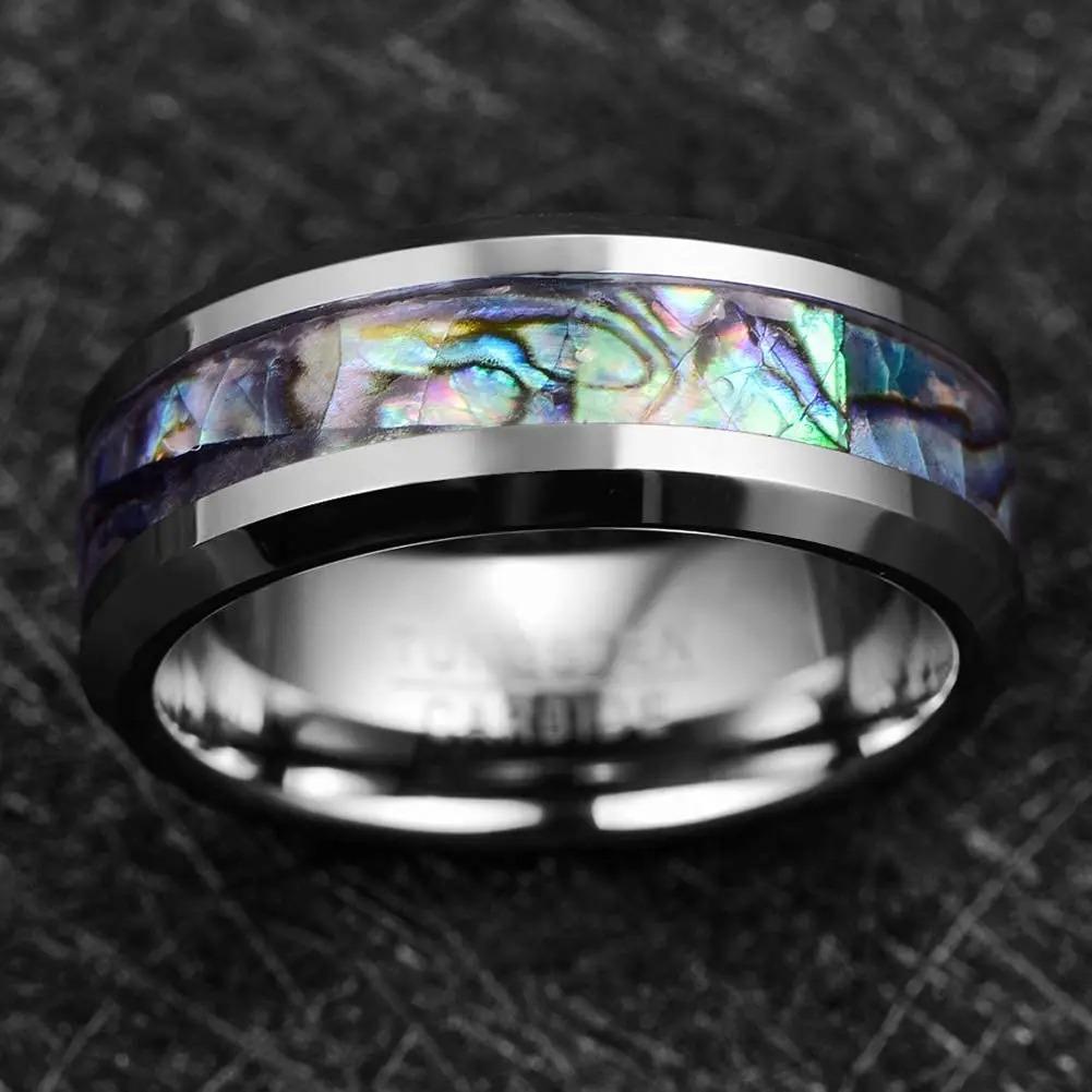 Fashion 8mm Men Silver Color Stainless Steel Rings Inlay Rainbow Abalone Shell Rings For Men Women Wedding Band  Gifts