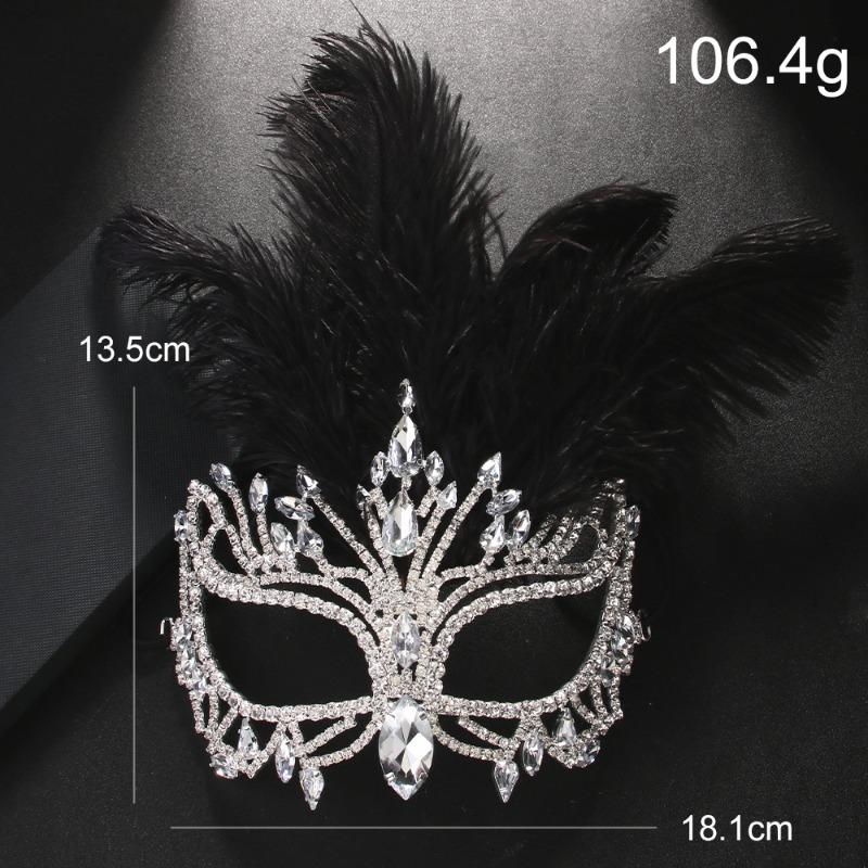 Feather Mask Exaggerated Geometric Hollow Diamond Mask Stage Performance Accessories Female Mask black feather silver plated