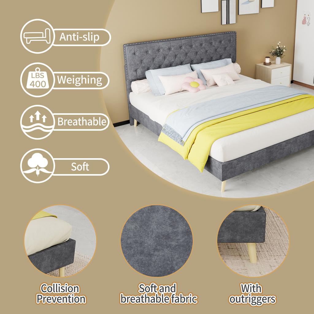 Modern soft bed, soft headboard, 160*200CM, gray, bedroom furniture, low box bed frame does not include gas rod, does not include mattress.