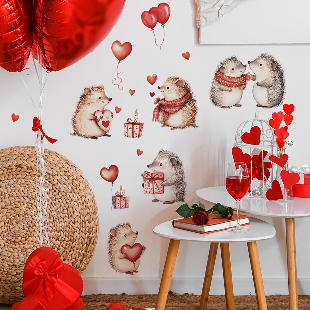 Valentine's Day Hedgehog Heart Balloon Bedroom Living Room Entrance Hall Home Background Beautification Wall Stickers