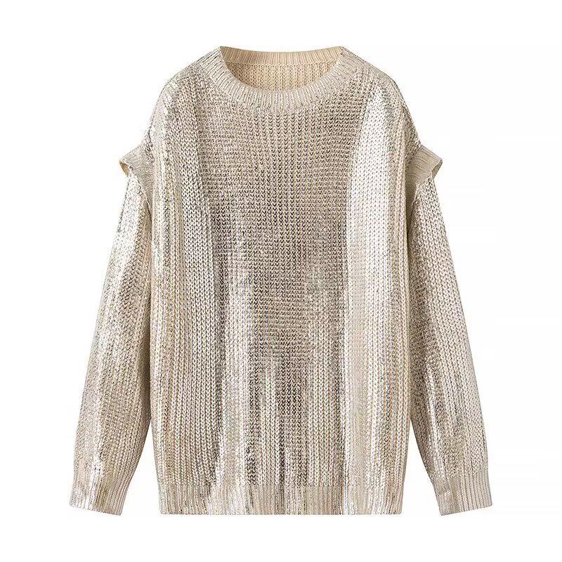 

European & American Style Loose Mid-Length Crew Neck Metal Pullover Sweater Medium