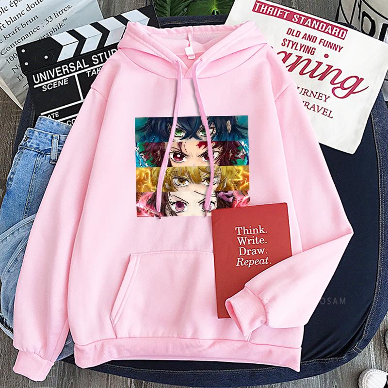 Anime Demon Slayer Kamado Tanjirou/Nezuko Eyes Hoodies Funny Manga Cartoon Fashion Streets Unisex Oversize Patchwork Sweatshirts