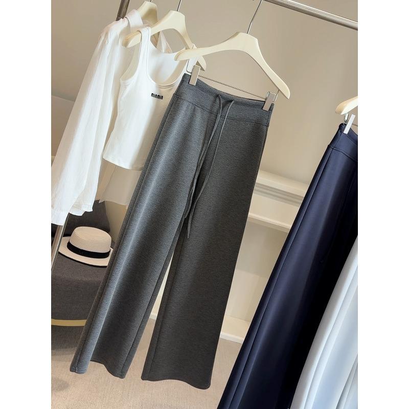 Soft Waxy Elastic Drawstring Straight Casual Pants Women's Spring New High Waist Thin Loose Drape Wide Leg Trousers