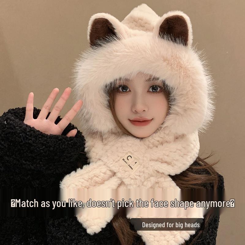 Cute Fluffy Women's Hat & Scarf Set: Thick, Plush, Warm Cycling Hat with Ear Protection for Autumn and Winter
