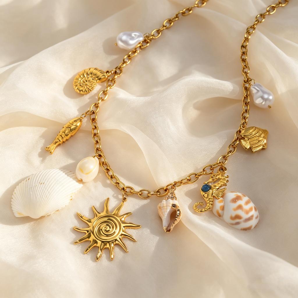 Summer Ocean Series Conch Shell Seahorse Fish Sun Necklace for Women, 18K Gold Plated Stainless Steel Charm Jewelry Gifts