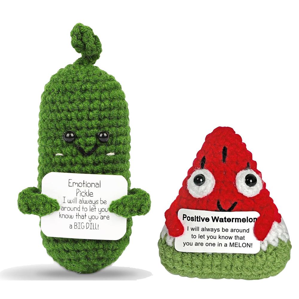 Handmade Emotional Support Pickle Crochet Funny Sour Cucumber Knitted Pickle with Positive Card Cheer up Gift Crochet Home Decor