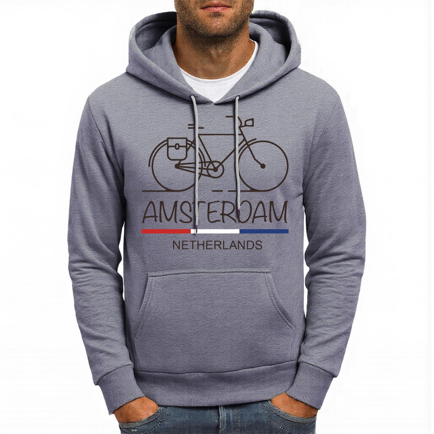 GUOYAN TOP Amsterdam Nederland Fiets Print Mannen Hoodie Fleece Zacht Hoody Casual Meerkleurig Pullover Comfortabel Los Streetwear S