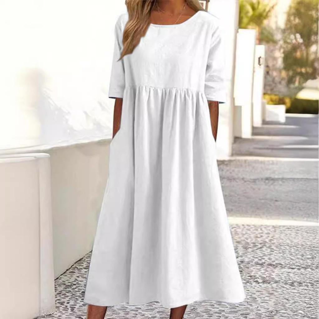 Women's Round Neck Short Sleeve Loose Casual Long Retro Dress