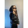 Women's Black Leather Hooded Puffer Coat