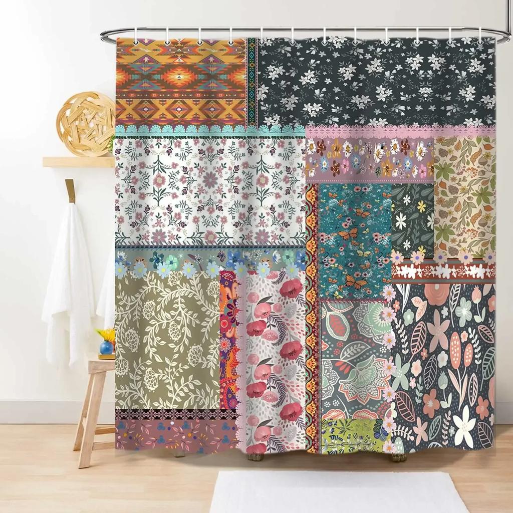 Bohemian Patchwork Print Shower Curtains for Bathroom Colorful Floral Vintage Shower Curtain Bathtubs Waterproof Fabric Screen