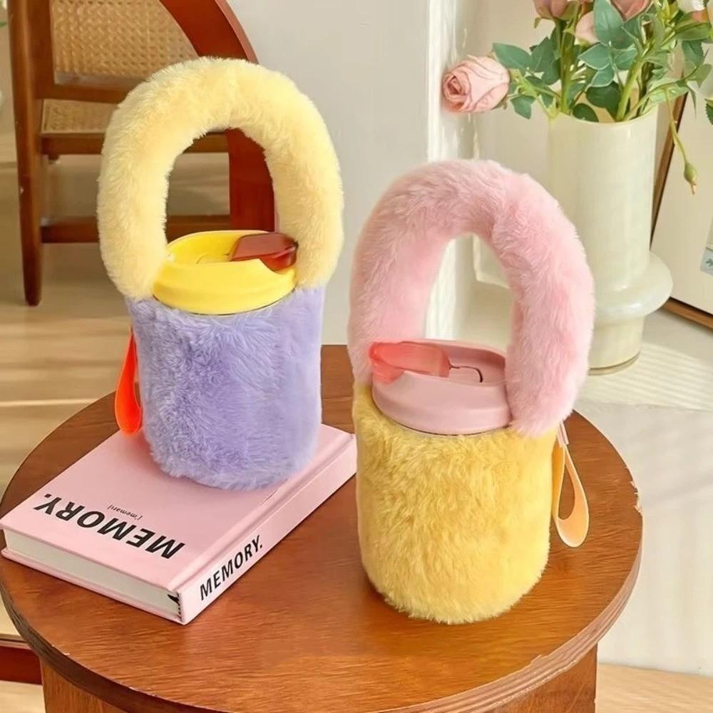 Spliced Color Thermos Cup Sleeve Heat-proof Plush Cup Cover Sweet Bottles Cup Pouch  Bottles Cup