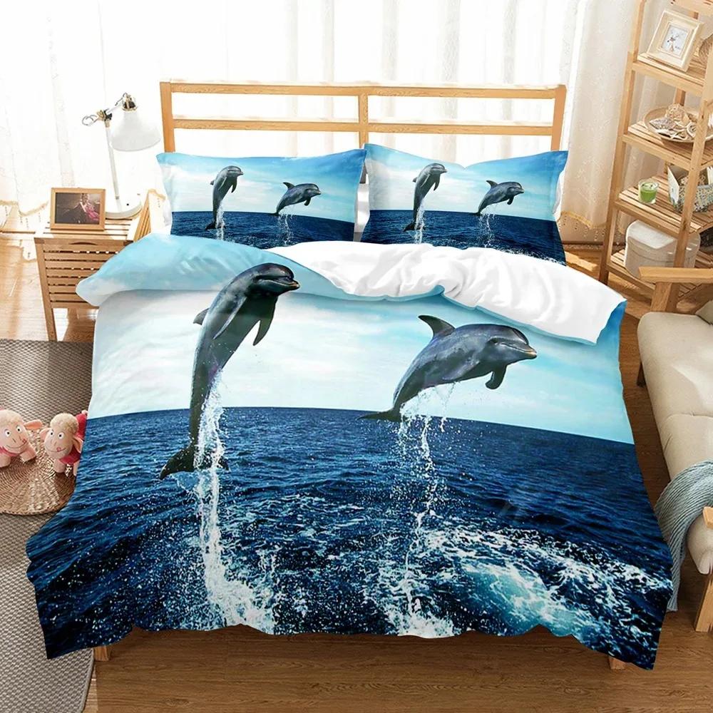 Fashion Blue Dolphin Duvet Cover Set Cute Aniaml Bed Linen Pillowcase Luxury Home Texitle Queen Full Size 3D Bedding Sets Sea