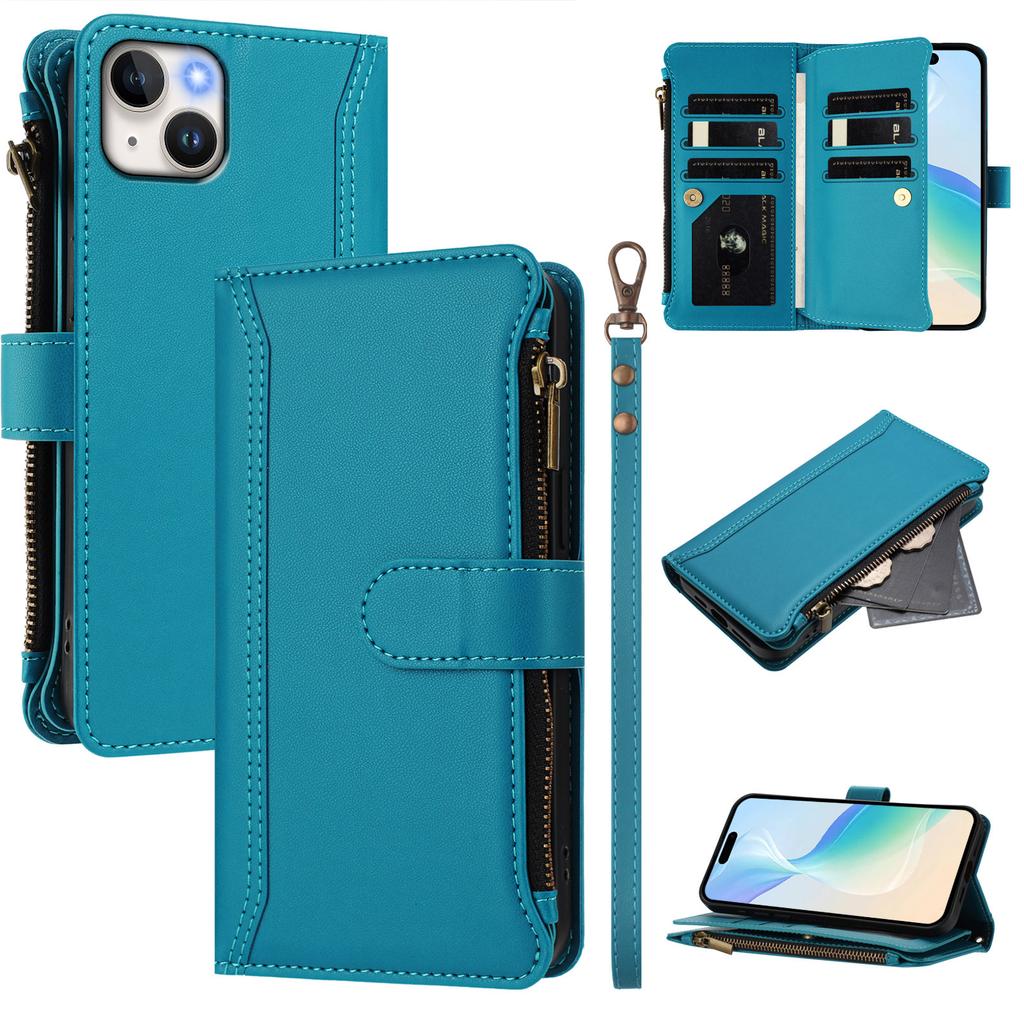 For iPhone 15 Plus Leather Case 9 Card Slots Zipper Wallet Stand Phone Cover with Wrist Strap