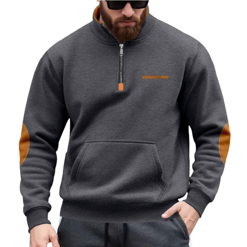 New Autumn/Winter Heavyweight Fleece-Lined Men's Patchwork Zipped Stand-Up Collar Sweatshirt for Outdoor Sports