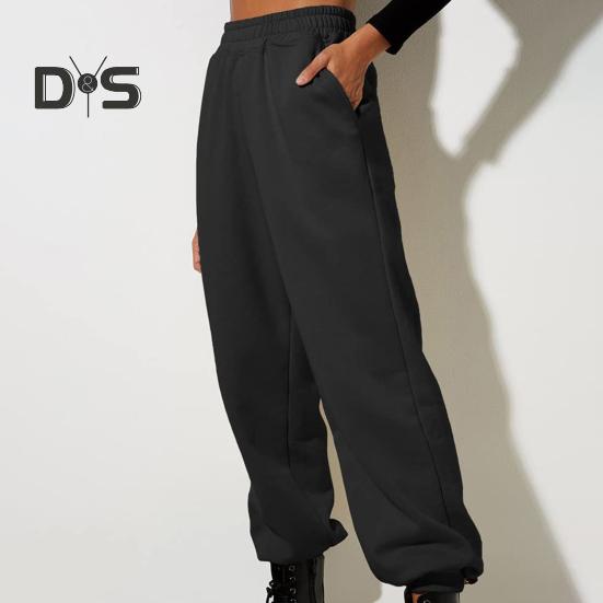 Women Pants High Elastic Waist Ankle Banded Solid Color Casual Soft Warm Pockets Loose Spring Fall Sweatpants Jogging Trousers