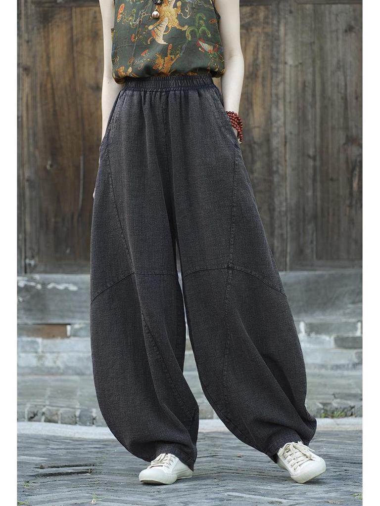 Women's Retro Ramie Sand-Washed Distressed Loose Lantern Pants for Meditation and Tai Chi