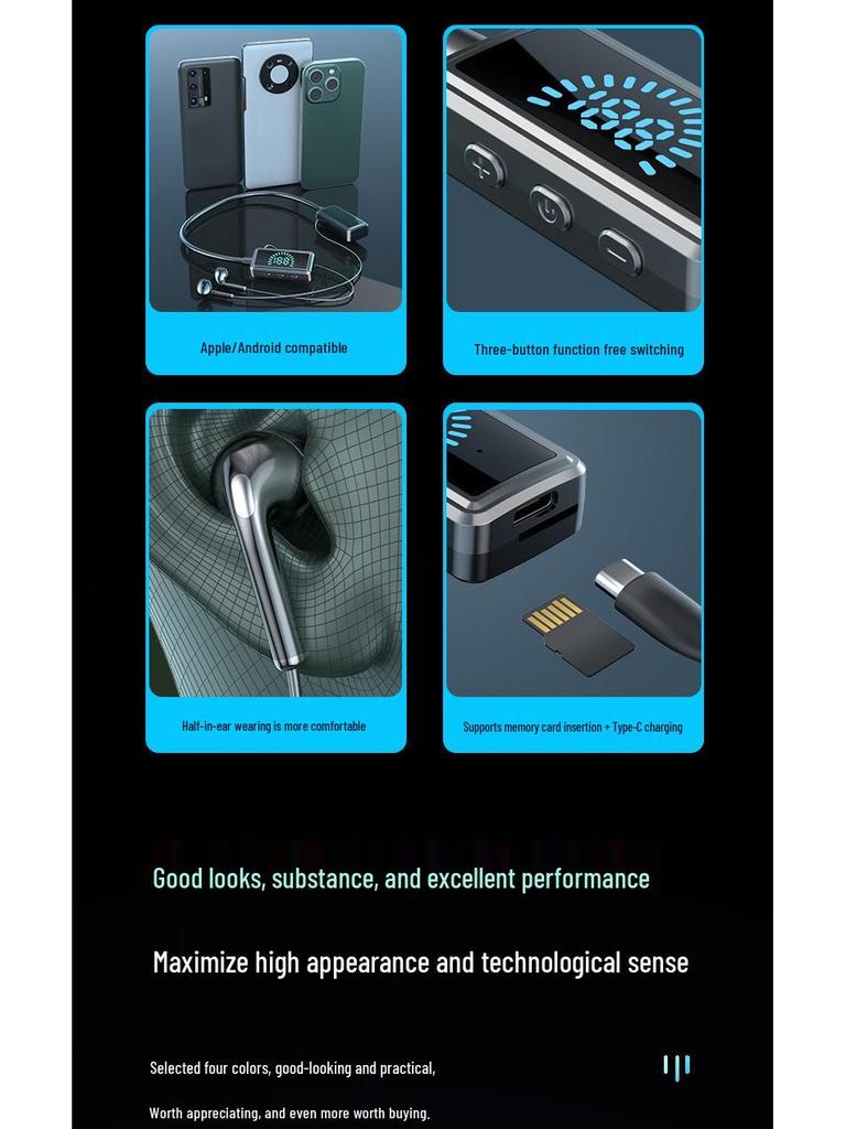 Wireless Neckband Bluetooth Headset with Digital Display, Long Battery, Waterproof, Sport Headphones & Gaming Memory Card