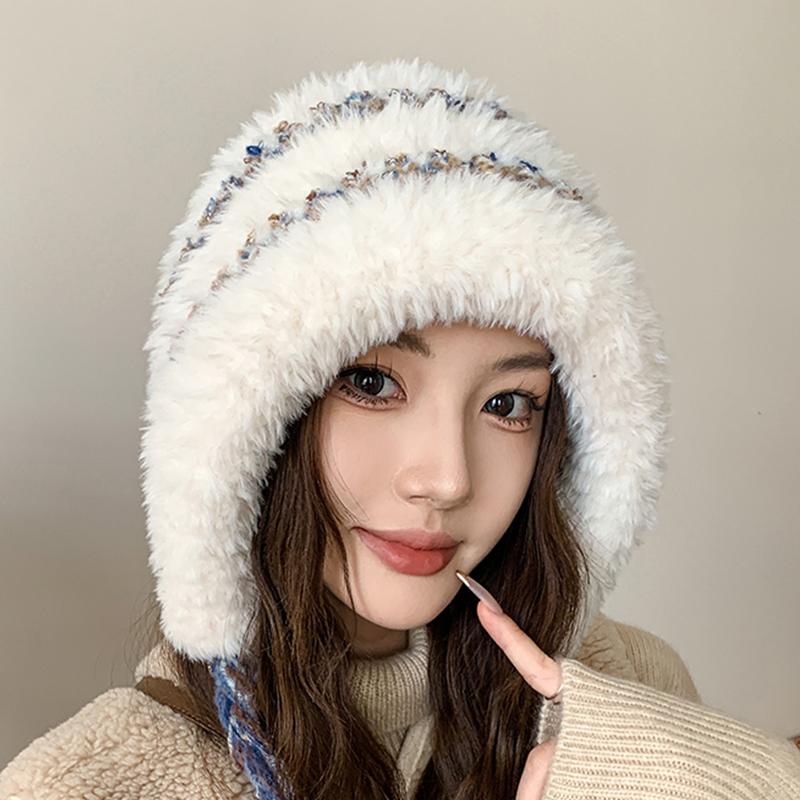 New Autumn And Winter Fluffy Earmuffs Warm Wool Hat For Women With Large Head Circumference Cold-Proof All-Match Knitted Hat