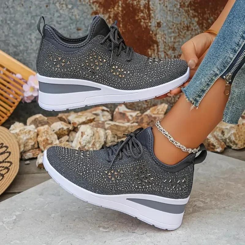 Fashion Women's Hot Pink Crystal Knitted Sneakers Autumn 2025 Shiny Rhinestone Wedge Heels Vulcanize Shoes Woman Platform Casual Shoes