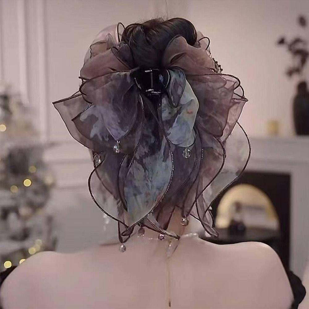 Gifts Retro Organza Flower Hair Clip Luxurious Ribbon Mesh Hair Clip Rhinestones Back of Head Hair Accessory