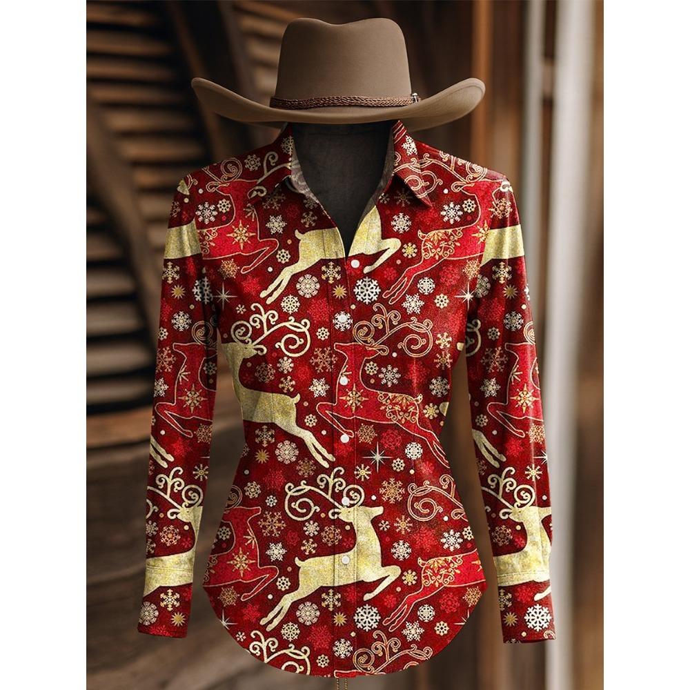 Christmas Vintage Women's 3D Printed Long Sleeve Shirts Casual Christmas Blouse Button-Up Western Cowboys Tops For Women