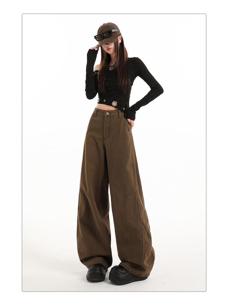 American Retro 2026 High-Waisted Wide-Leg Brown Jeans for Women