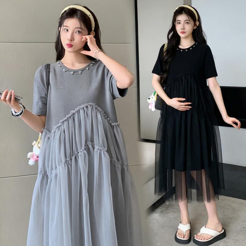 2026 Summer Maternity Beaded Knit Skirt & Mesh Patchwork Dress M