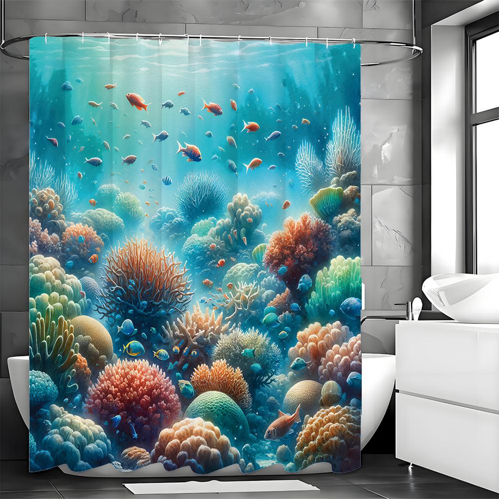 Ocean Small Fish Coral Reef Shower Curtain, Bathroom Decorative Shower Curtain, Waterproof Shower Curtain with Hooks