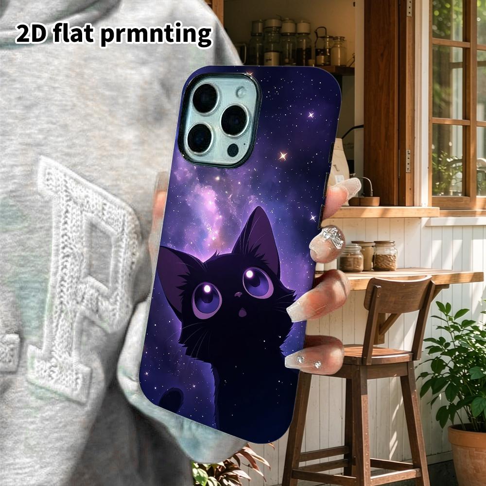 Phone Case: 2D Flat Design Suitable for iPhone 18, 17, 16, 15, 14, 13 Pro Film Protective Case, Couple Style, Starry Black Cat, Christmas and Hallowee