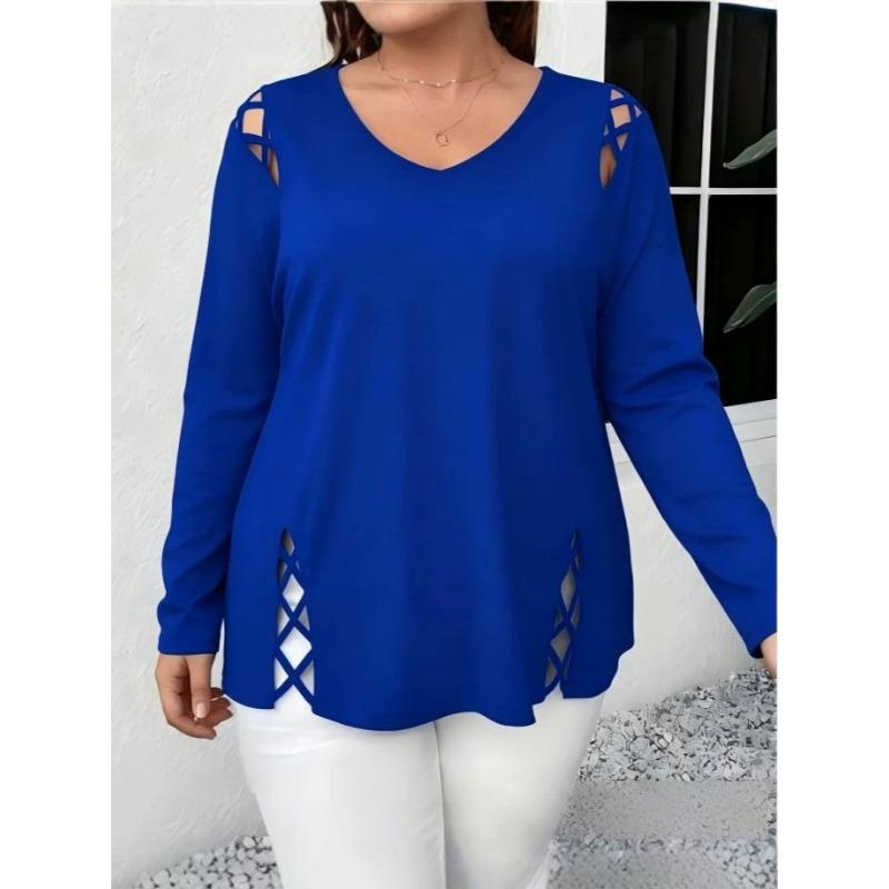 Women Plus Size Casual V Neck Long Sleeve Cross Hollow Out T Shirt Top