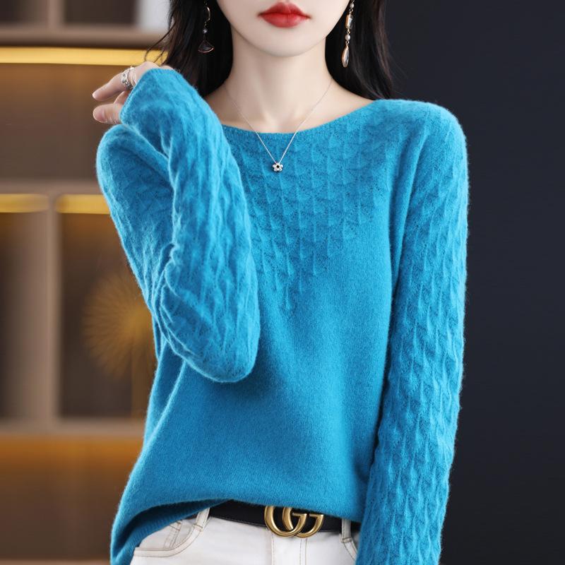 Jednorzędowy, gotowy do noszenia sweter z okrągłym dekoltem dla kobiet, sweter bezszwowe z diamentowym wzorem, luźny wełniany sweter bazowy