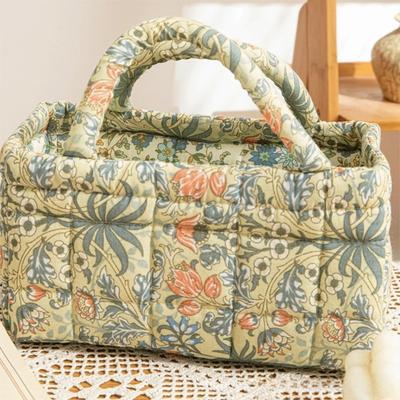 Floral Pattern Bento Handbags Patchwork Design Foldable Shopper Bag Portable Cotton Material Cosmetic Bag Storage