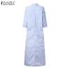 ZANZEA Women Casual Turn Down Collar Loose Short Sleeve Stripe Shirt Dress