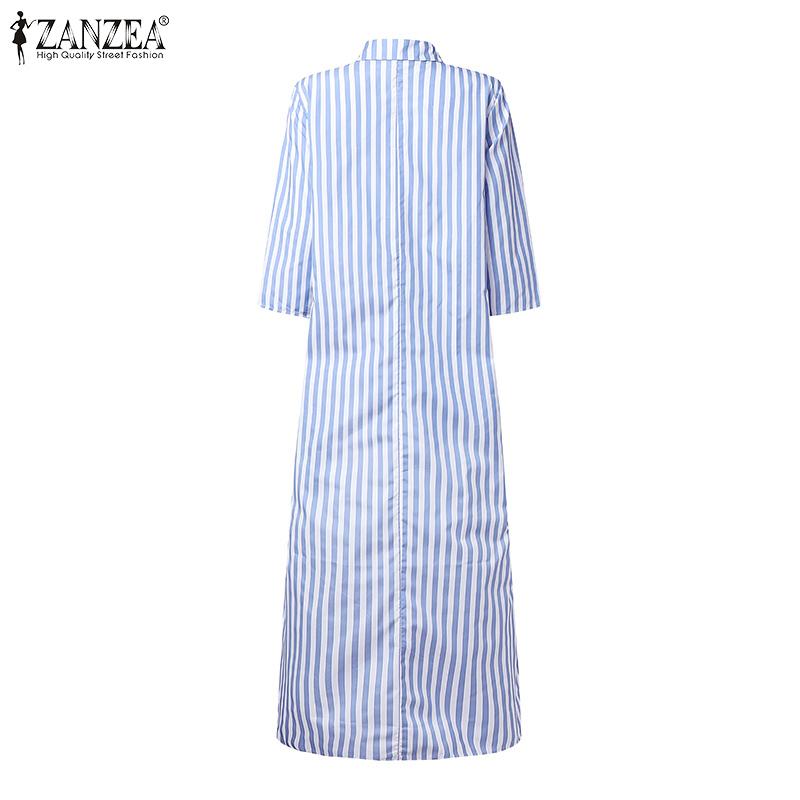 ZANZEA Women Casual Turn Down Collar Loose Short Sleeve Stripe Shirt Dress