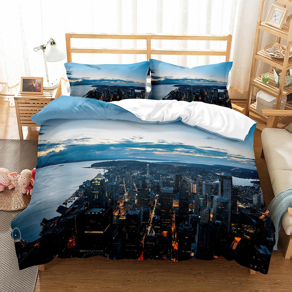 Cityscapes King Queen Duvet Cover Tall Buildings Landscape Bedding Set Busy Traffic View Quilt Cover Polyester Comforter Cover