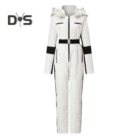 Macacão feminino para atividades ao ar livre, capuz removível, parka acolchoado, à prova de vento, mantém aquecido, à prova d'água, snowboard, esqui, fecho de zíper, roupas esportivas ao ar livre